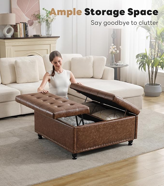 Tbfit Large Square Storage Ottoman Bench, Tufted Upholstered Coffee Table