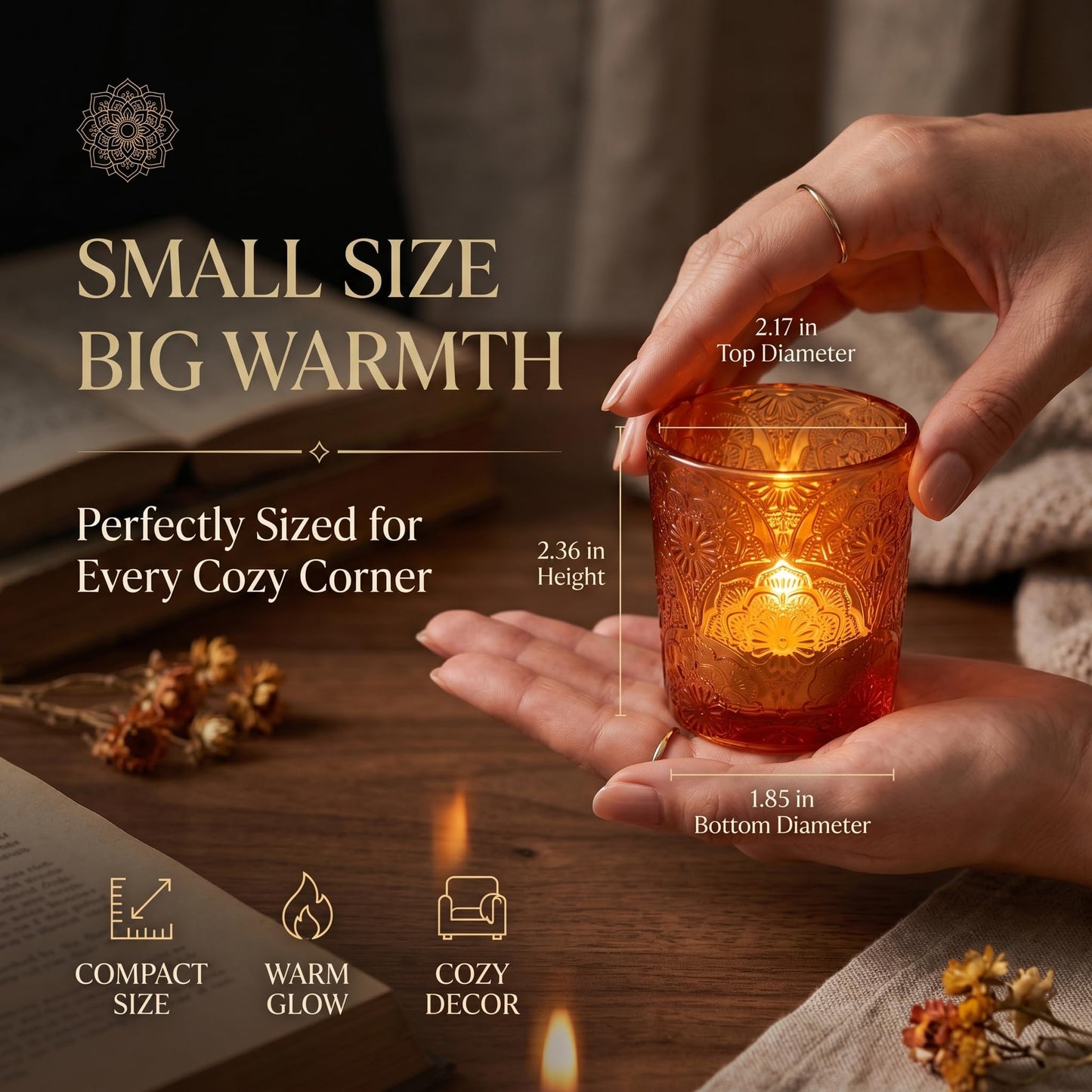 6 Pack Mandala Embossed Glass Candle Holders – Votive Tealight Holders with Patent Design, Decorative Embossed Glass Cups for Wedding Centerpieces, Parties, and Home Décor (Pumpkin Spice)