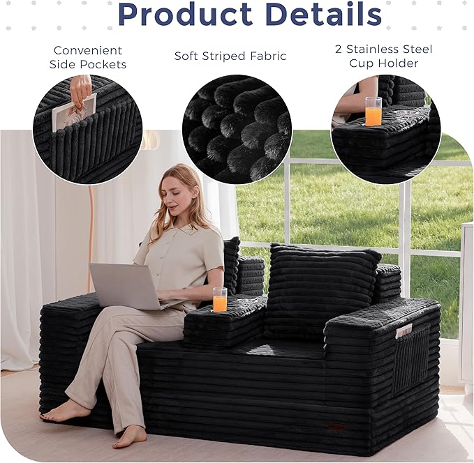 MAXYOYO Loveseat Sofa Bed, Striped Faux Fur Foldable Floor Sofa Couch in A Box