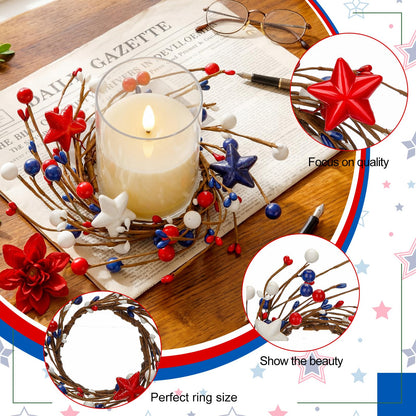 Yunlly 4 Pcs Independence Day Candle Wreaths Rings Five-Pointed Star and Berry Candle Holder Rings with LED Flameless Candles, 9.5" Wide for Wedding Windows 4th of July Table Centerpieces