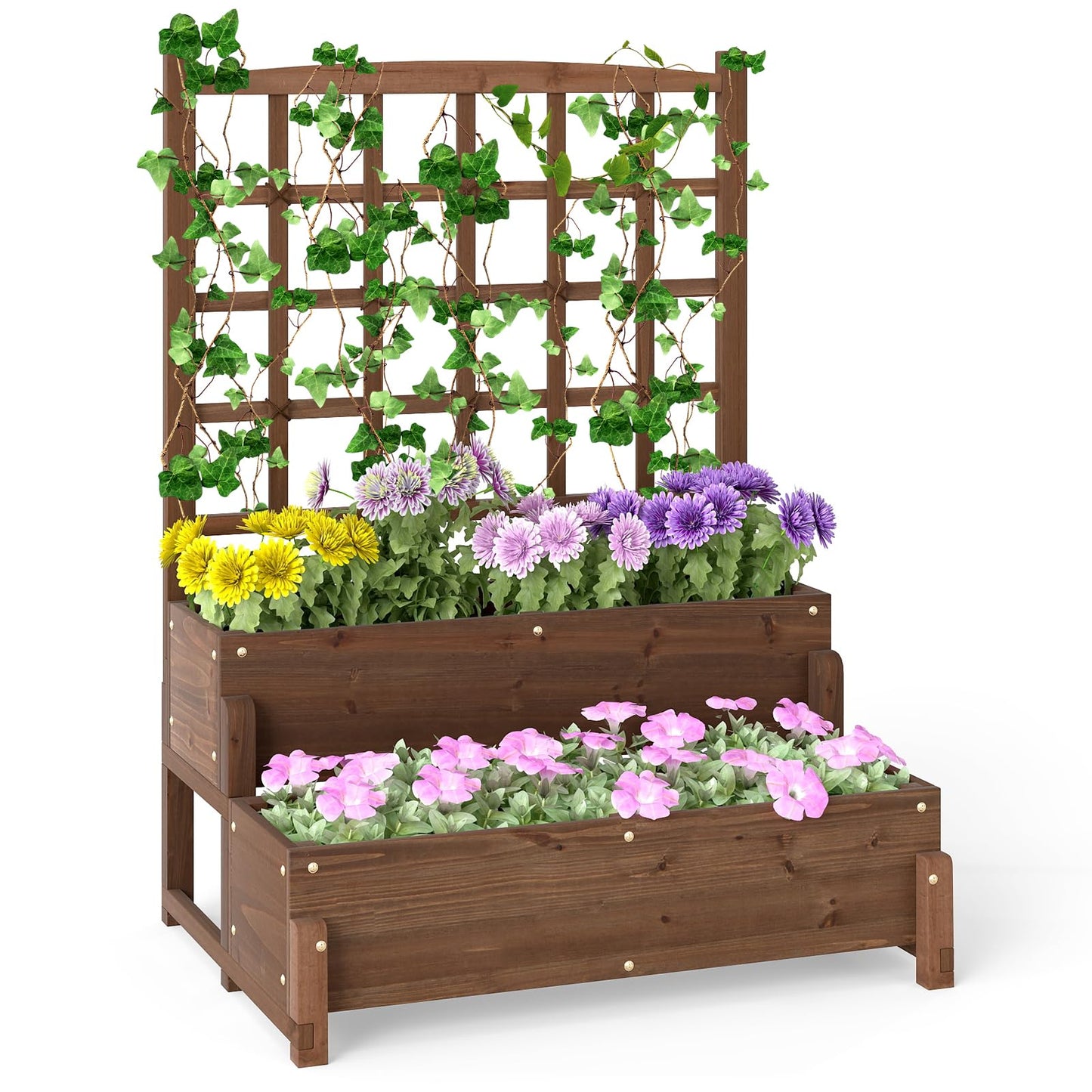 HAPPYGRILL Raised Garden Bed with Trellis, Drainage Holes, 2-Tier Wooden Elevated Planter Box w/Legs for Climbing Plants Vine Flower Herb Vegetable Fruit, Outdoor Garden Box for Patio Balcony