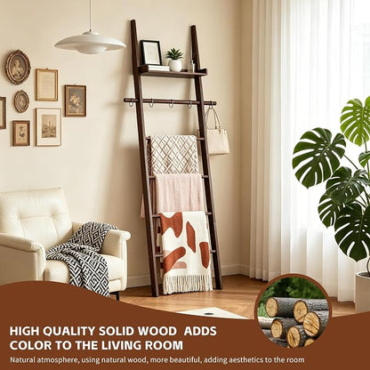 Farmhouse Wooden Blanket Ladder with Shelf,6-Tier Rustic Quilt Towel Rack Decorative Holder Wall Leaning Storage with Removable Hooks for Home Living Room Bedroom Decor Brown