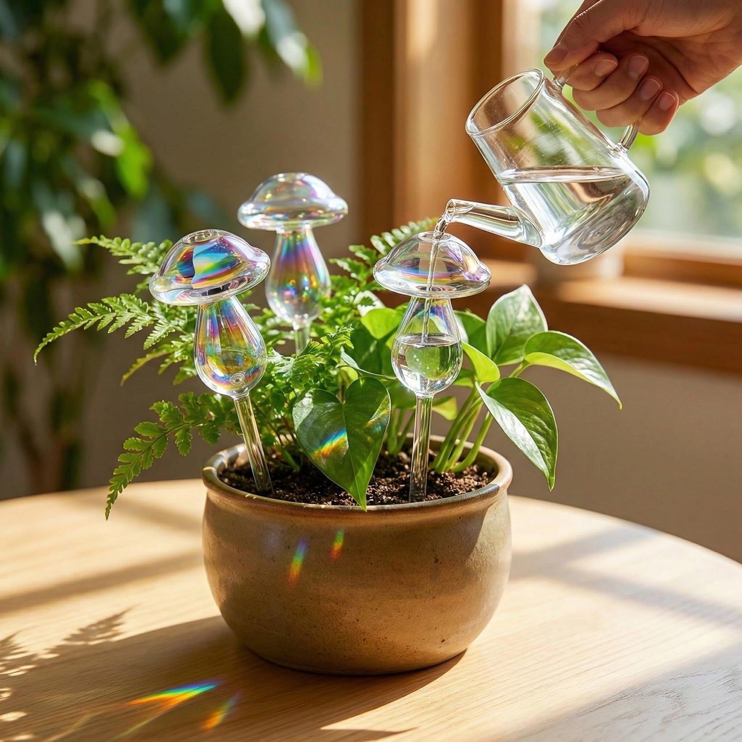 youcoscos 4pcs Plant Watering Globes Self Watering Planter Insert Devices,Glass Watering Bulbs Mushroom Pattern Watering Globes for Indoor Plants Top-Fill Watering Rainbow Colors (Mushroom with Hole)
