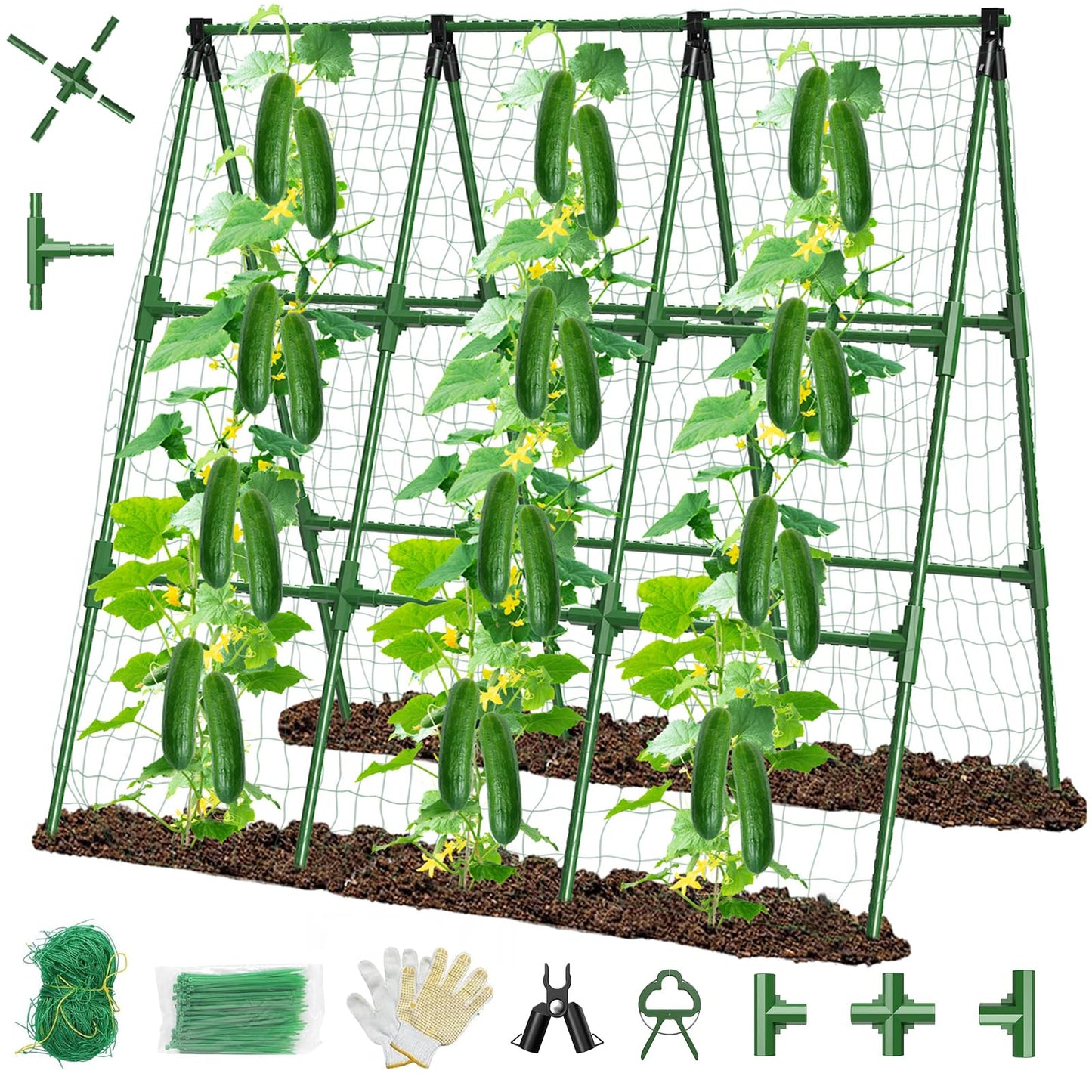 51" x 53" Cucumber Trellis for Raised Bed, A-Frame Garden Trellis for Climbing Plants Outdoor, Rust-Proof Metal Support for Tomato, Peas, Beans, Zucchini & Vines, with Netting & Clips