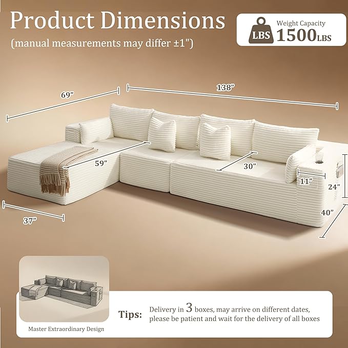 138" Cloud Sectional Couch, Comfort L Shaped Boneless Couch