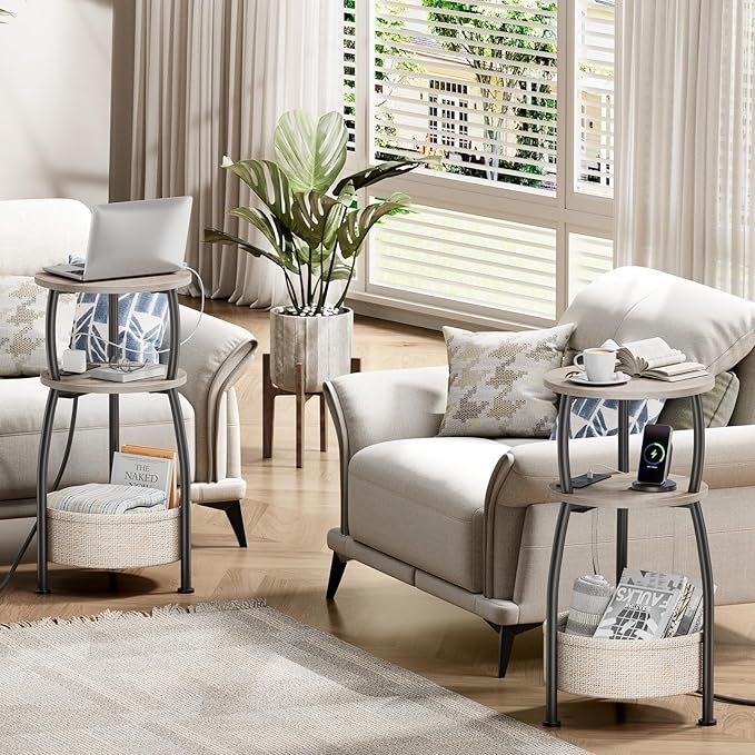 Small Side Table with Charging Station, Round End Table with Basket, USB Port