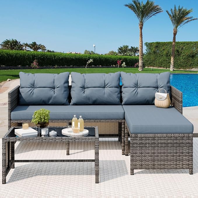 Vongrasig 3 Pieces Patio Furniture Sets, All-Weather Wicker Outdoor Sofa Couch