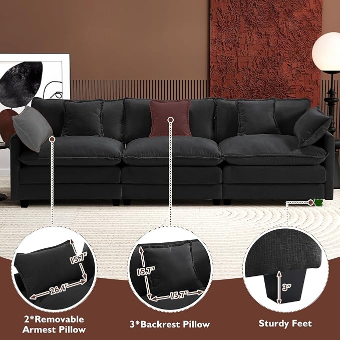 Ihanherry 111.4 Inch 3-Seater Cloud Sofa, Modular Sectional Couch, Modern Deep