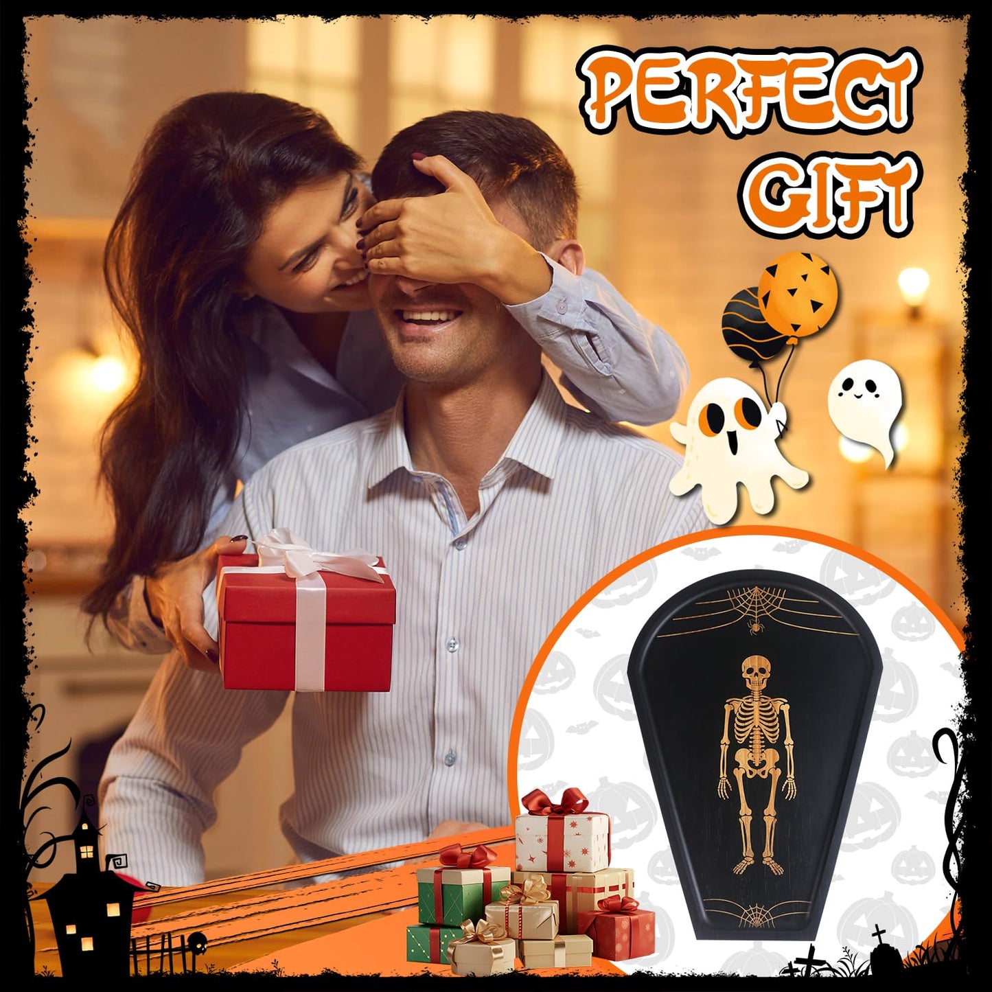 Halloween Coffin Feature Board, Party Table Center Decoration, Gothic Coffin Tray and Carved Skeleton - Coffin Banquet Plate Engraved Skeleton, Essential Halloween Party Decoration Accessories.
