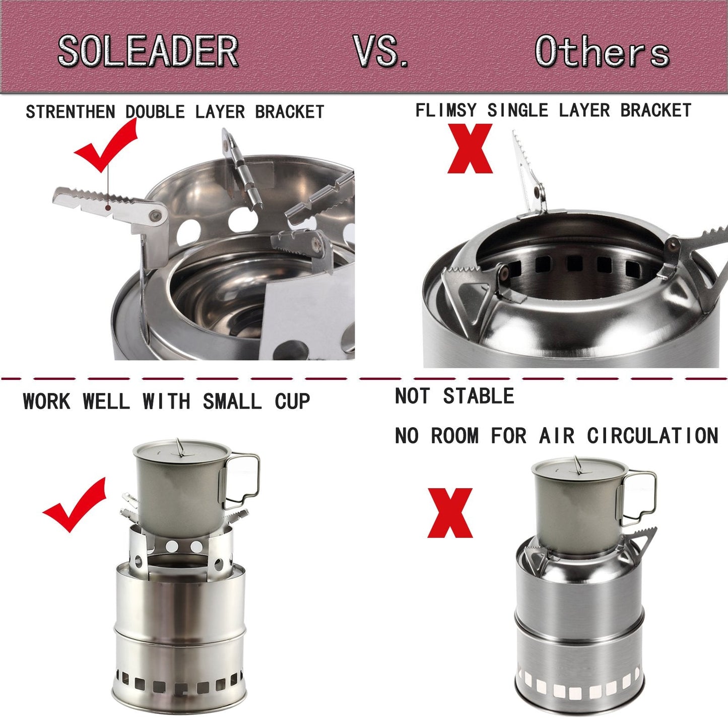SOLEADER Portable Wood Burning Camp Stoves - Stainless Steel Compact Gasifier Stove - Twig Stove For Camping, Hiking, Picnic, BBQ, Backpacking The 3rd Generation