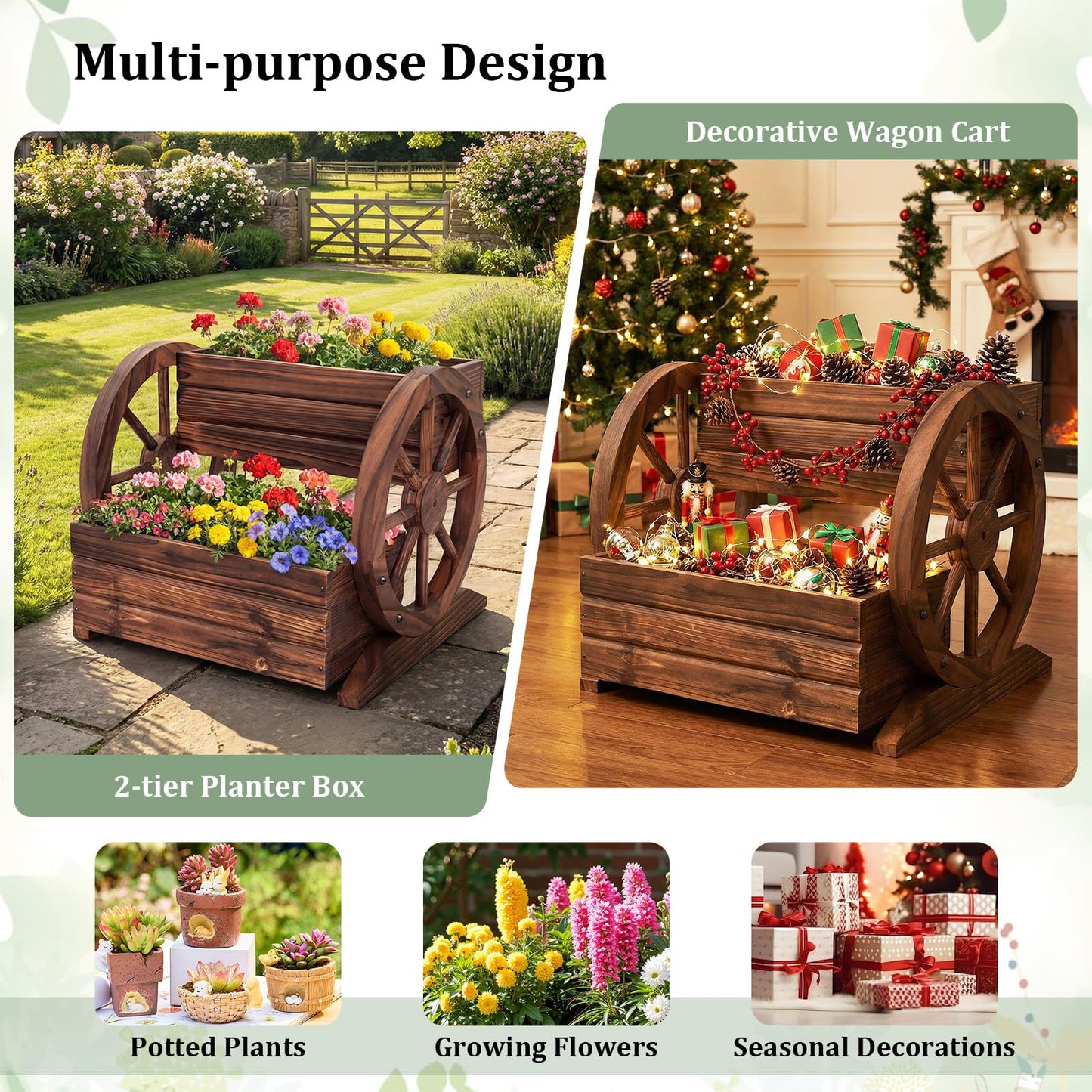 Byroce Wooden Wagon Planter Box, 2-Tier Raised Garden Bed with Drainage Holes for Flowers, Vegetables & Herbs, Indoor Outdoor Decorative Wheel Cart for Patio, Yard & Balcony, Rustic (1)