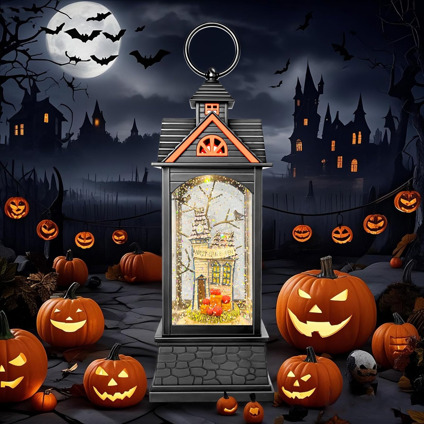 AOMIL Halloween Snow Globe Lantern, Spooky Ghost Halloween Decor, Plug-in & Battery Operated Snow Globes for Halloween Decorations Indoor