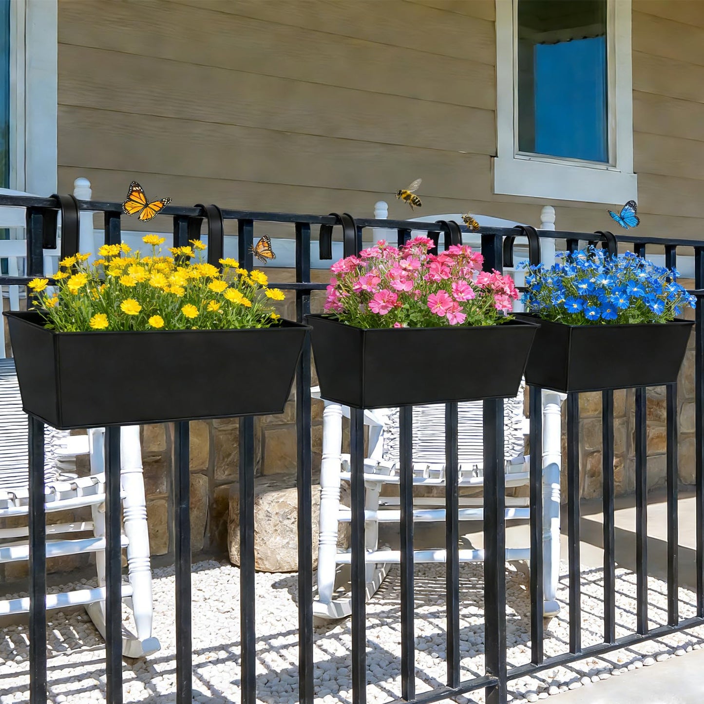 YAYODS 4 Pack Metal Railing Planter Box for Outdoor 16 Inch Hanging Flower Pots for Railing Fence, Deck Hanging Balcony Planters for Garden, Porch, Window (Black)