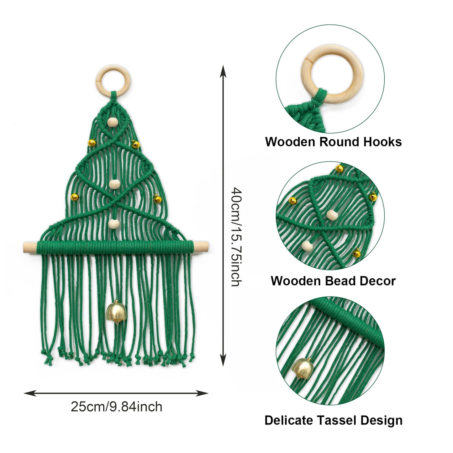 HVEST Green Macrame Christmas Tree Wall Hanging- Macrame Christmas Ornaments- Boho Xmas Gifts- Handmade Woven Tapestry for Bedroom Living Room Holiday Decorations, 16L X 10W