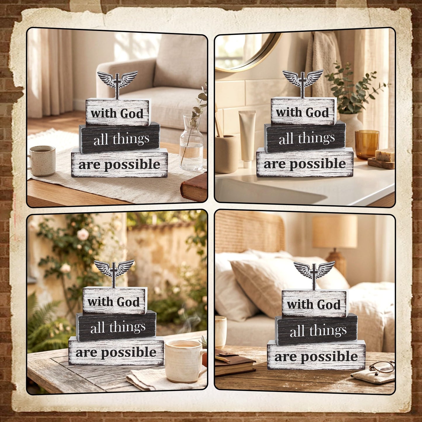 4 Pcs Farmhouse Wooden Tiered Tray Decor, Retro Rustic Bible Christian Table Centerpiece Decorations Gifts for Home Kitchen Mantel Shelf Office