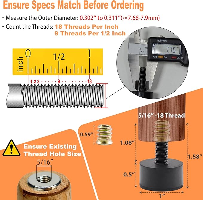 5/16 Rubber Adjustable Furniture Leveler，16 Pack Leveling Feet Screws in