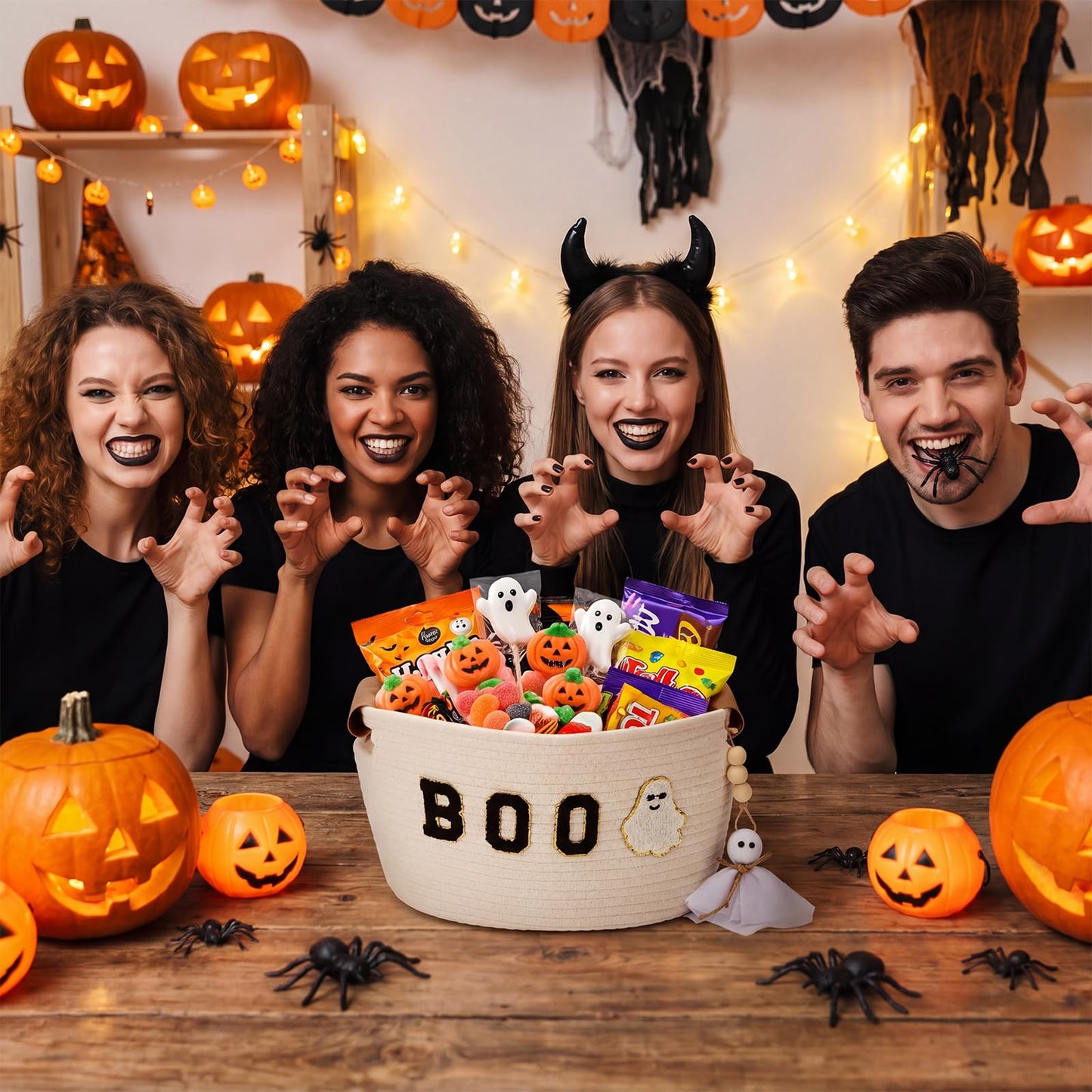 Acellegic Halloween Woven Rope Basket 13 x 8.7 x 7.9 Inch BOO Ghost Decorative Storage Basket with Ghost Pendant Halloween Candy Bowl Trick or Treat Bucket Party Favors for Home Nursery Organizer