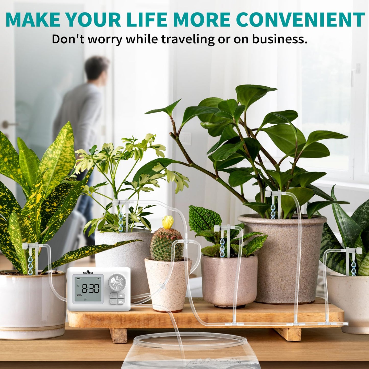 Automatic Watering System for 15 Potted Plants, Automatic DripIrrigation Kit with Adjustable Water Flow, Programmable Water Timer with Dual Power Supply, for Balcony/Garden/Greenhouse Plants