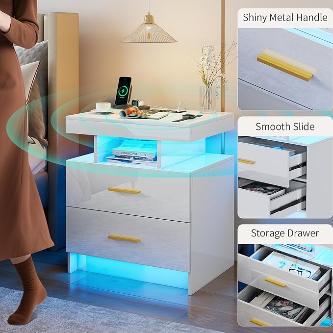 Smart Night Stand with Charging Station, Modern White Nightstand with 24 Color