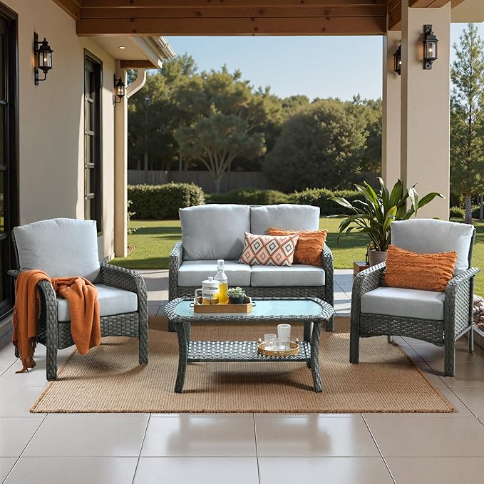 Weaxty Wicker Patio Furniture Set High Back Loveseat Sofa Couch Armchair Coffee