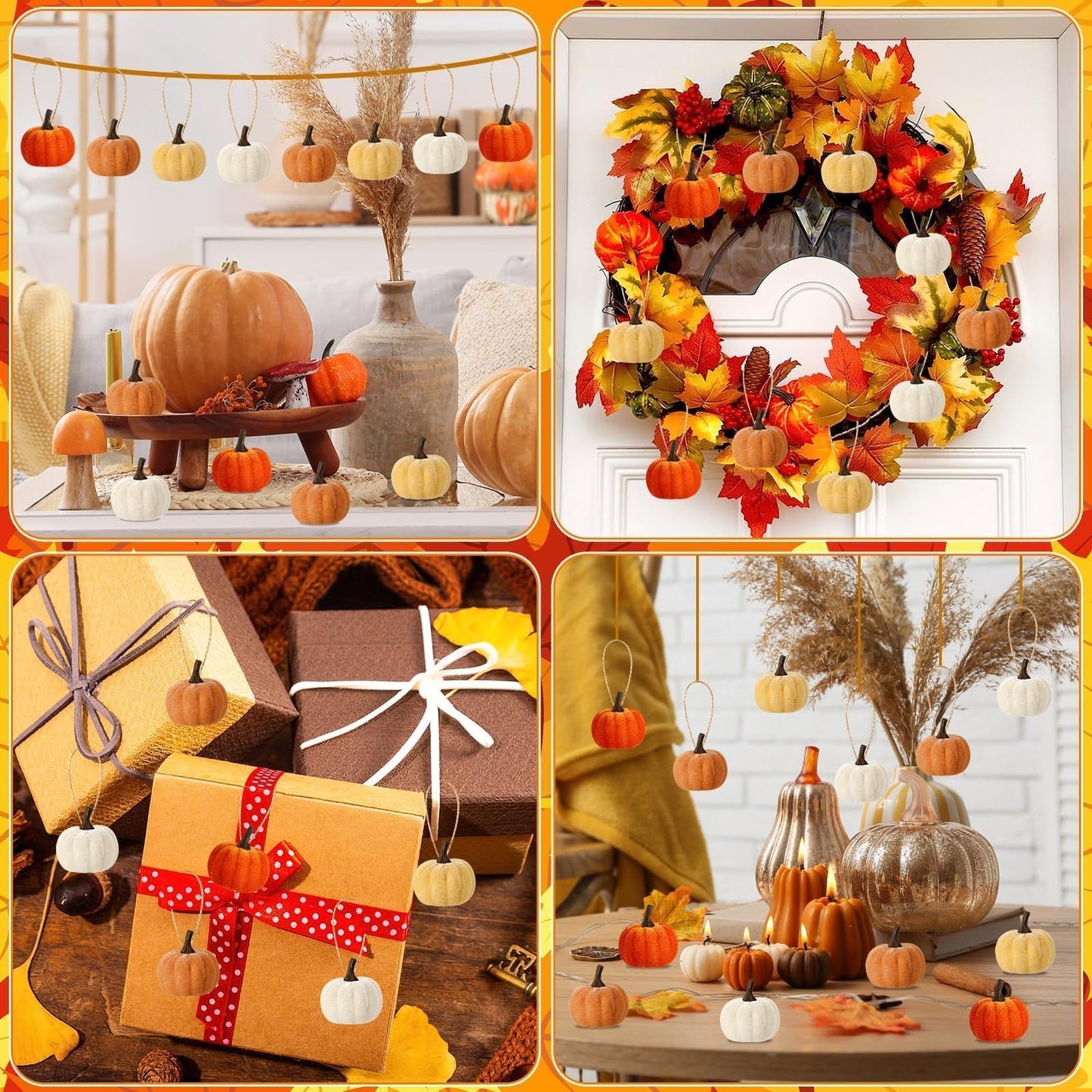 DTOFOOT 16 Pcs Fall Thanksgiving Pumpkin Hanging Ornaments, Autumn Velvet Fabric Wrapped Pumpkin Pendant for Farmhouse Harvest Halloween and Home Party Decor