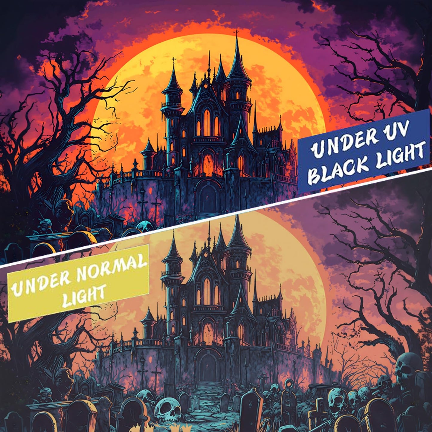 BSFHH Black Light Tapestry – UV Reactive Glow in the Dark Wall Hanging, Spooky Night Scene with Ghosts & Pumpkins, Haunting Home Decor for Parties, Bedroom, or Dorm (GHOST TOWN, 90L x 70W, Unframed)