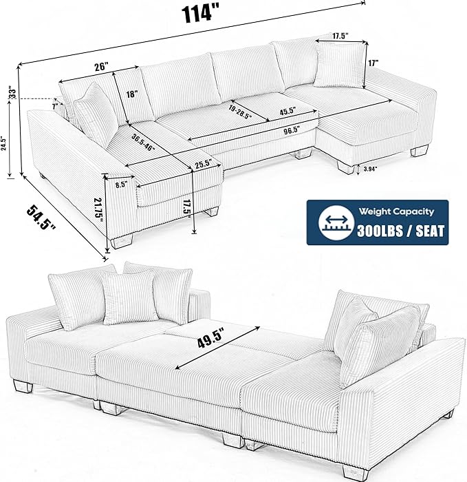 114" Sectional Couches with Pull Out Bed