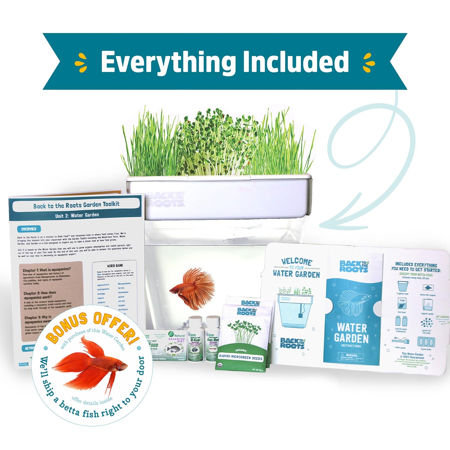 Back to the Roots Indoor Aquaponic Garden - 3 Gallon Self Watering, Mess-Free Planter and Self-Cleaning Fishtank for Herbs, Microgreens, Bamboo, Succulents, and Houseplants, support Fish