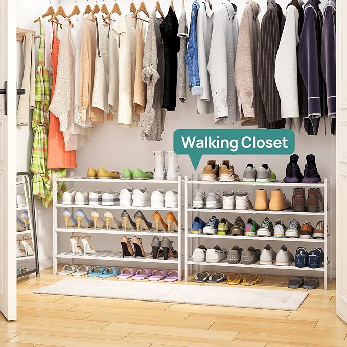 viewcare White 4-Tier Long Shoe Rack, Bamboo Wood