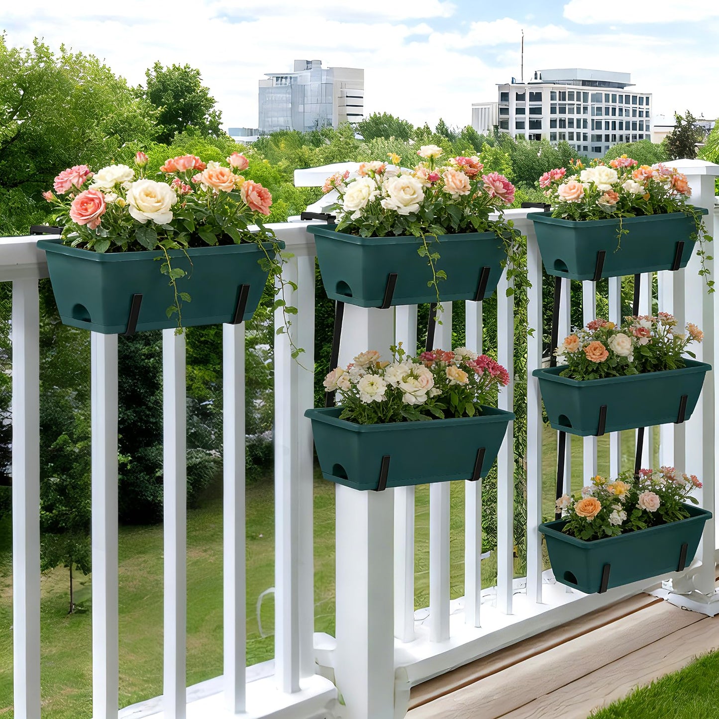 Window Boxes Planters with Adjustable Brackets Set of 2 Outdoor Fence Planters, Over the Deck Railing Planter Box with 6 Pack Hanging Plastic Flower Pots, Drainage Holes for Balcony, Patio, Green