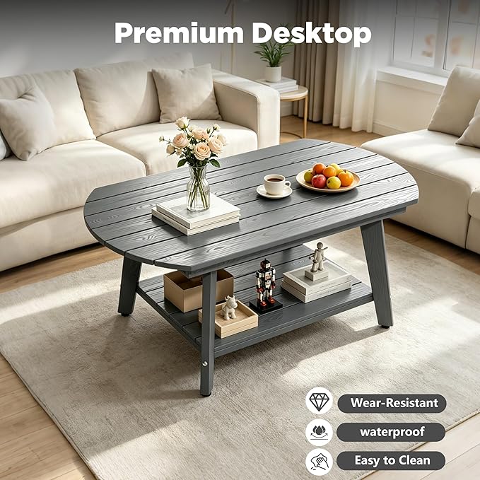 Oval Coffee Table with Open Storage Shelf, Dark Gray Wood Grain Sturdy Coffee
