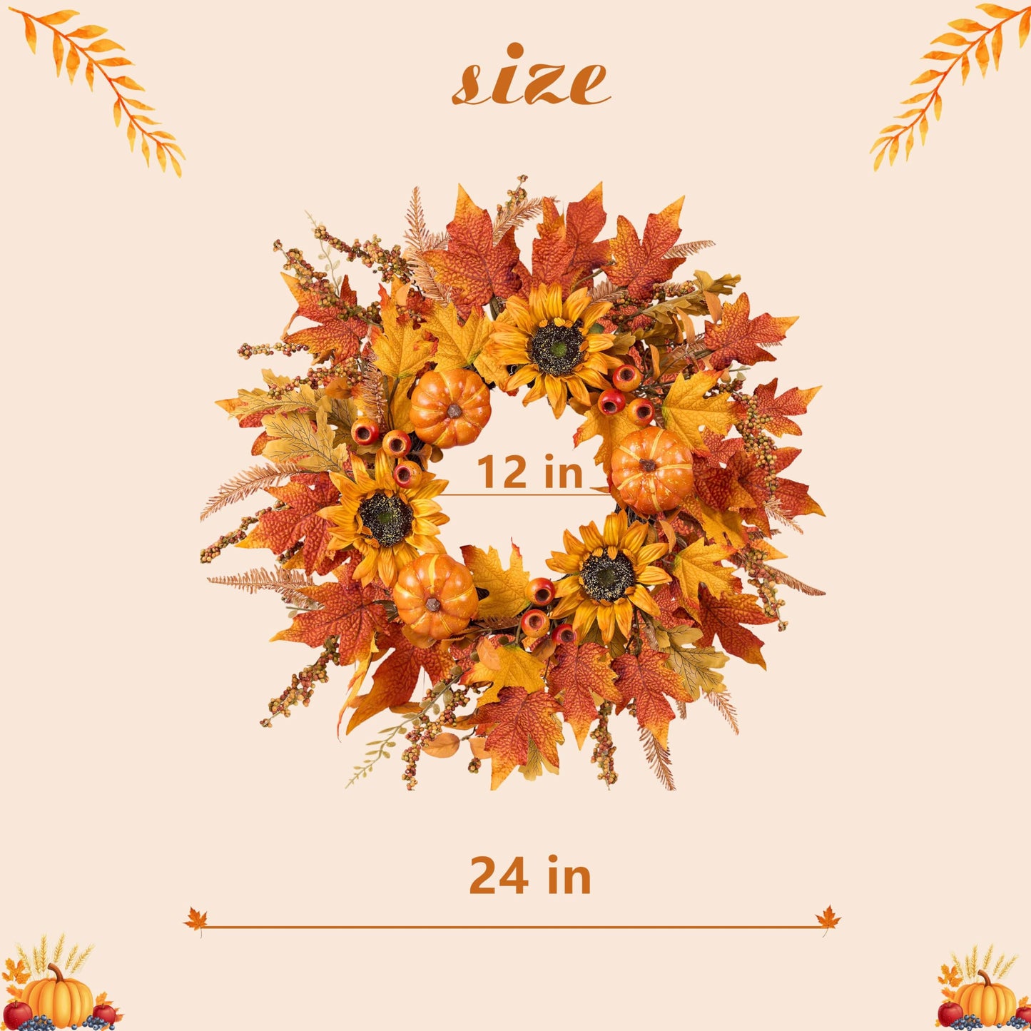 zjlmit Fall Wreaths for Front Door 24 Inch Fall Wreath with Pumpkins Sunflowers Maple Leaves and Orange Red Berries Autumn Wreath for Farmhouse Porch Thanksgiving and Harvest Festival Parties