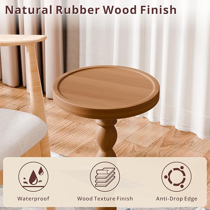 Solid Wood Drink Table, Rubber Wood‌ Small Round Side Table
