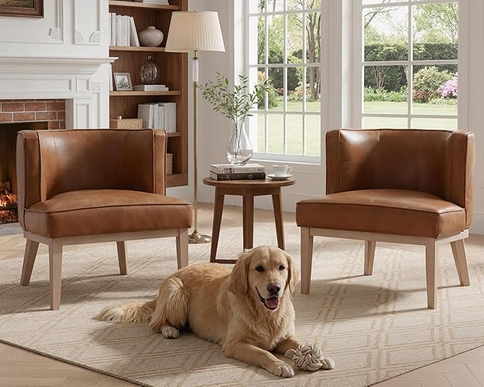 Brown Leather Barrel Chairs Set of 2