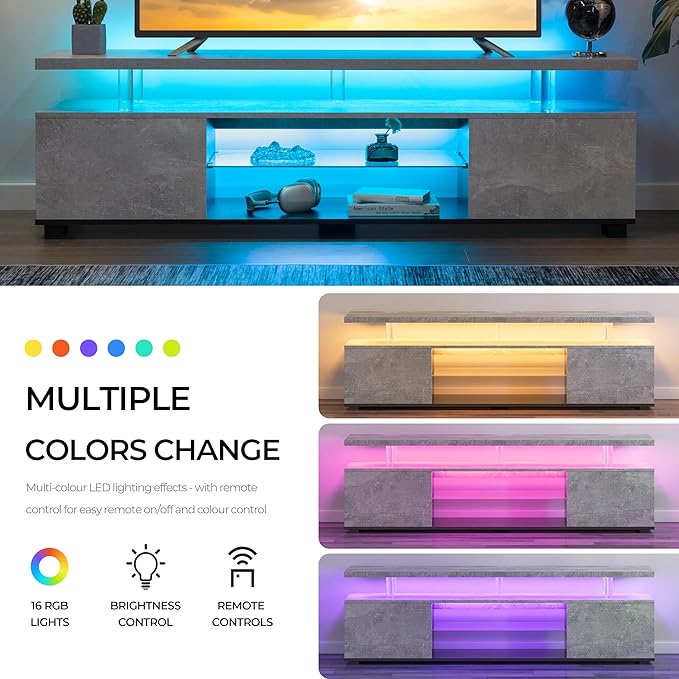 Cubehom Grey TV Stands for Living Room, Glass TV Stand, LED TV Stand for 75+