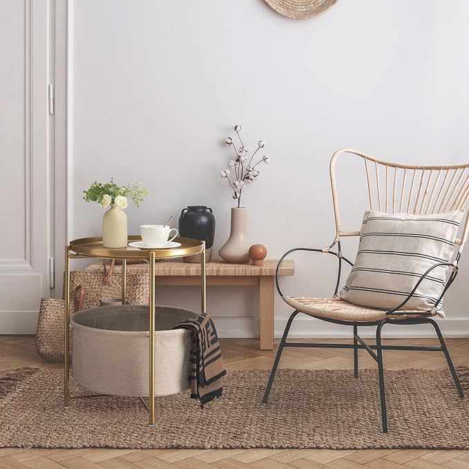danpinera Gold Side Table with Fabric Storage Basket, Metal Round Side Small