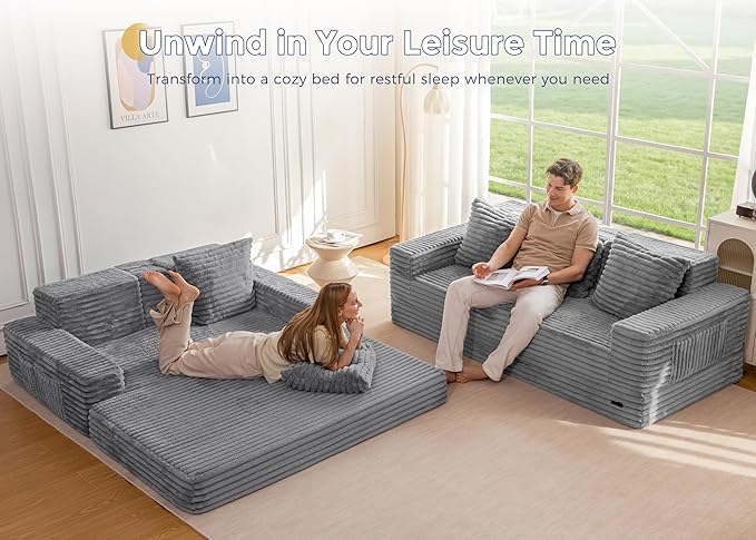 MAXYOYO Loveseat Sofa Bed, Striped Faux Fur Foldable Floor Sofa Couch in A Box