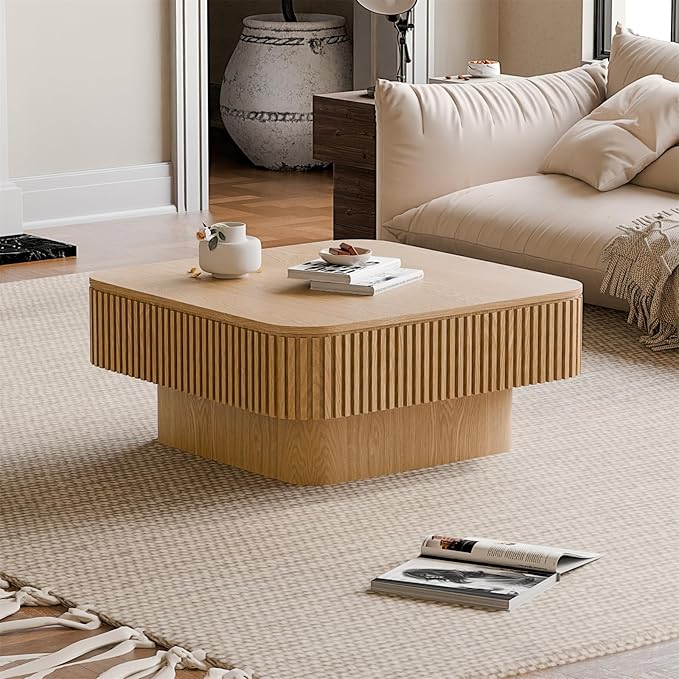 Square Coffee Table for Living Room, Fluted Drum Accent Tea Center Table