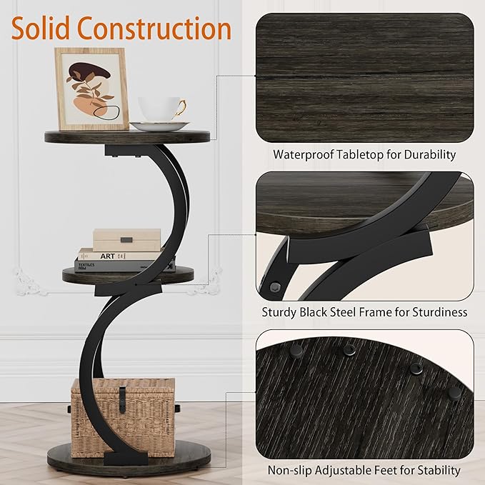 JUSTOGO Small Round Side Table, 3-Tier End Table