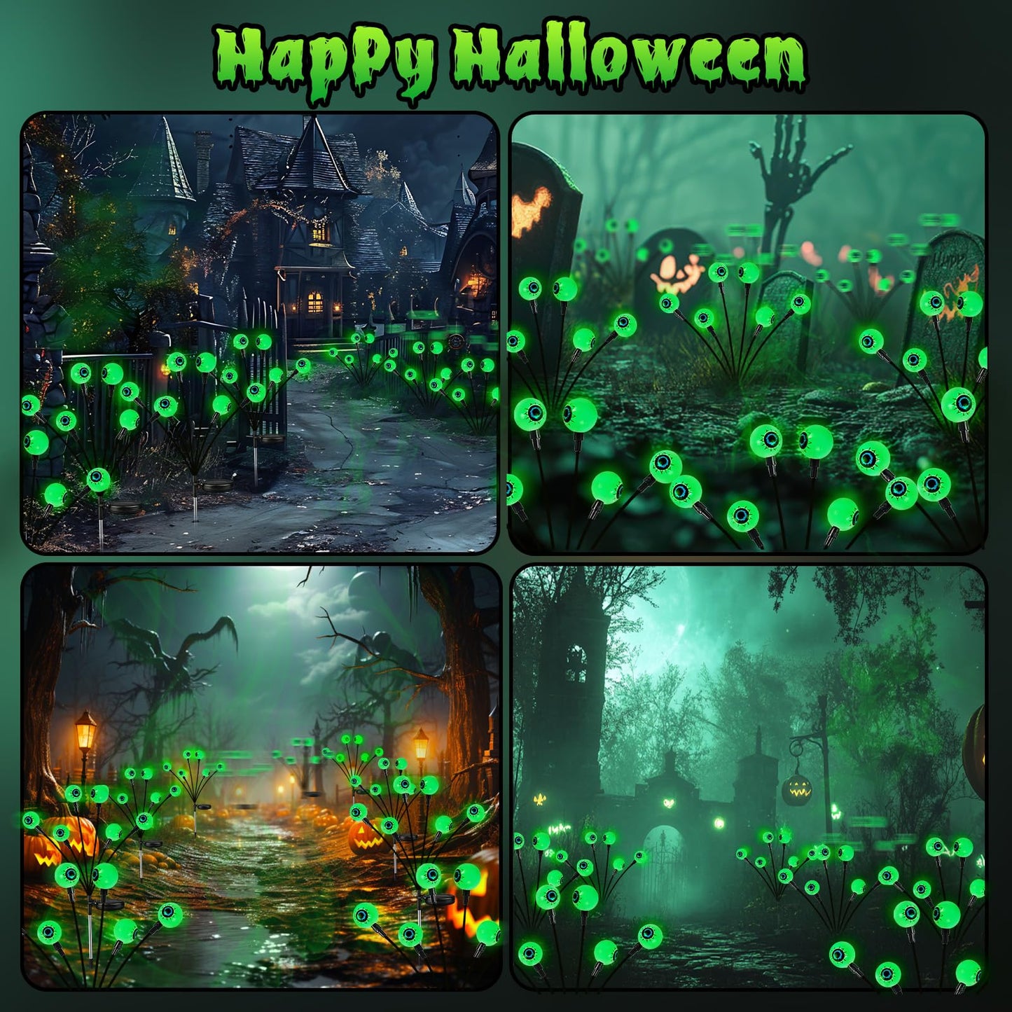 4 Pack Solar Eyeball Lights for Halloween Decorations Outdoor, 24 LED Green Eyeball Solar Halloween Lights, Waterproof Swaying Firefly Lights with 2 Modes for Pathway Patio Yard Lawn Garden Decor