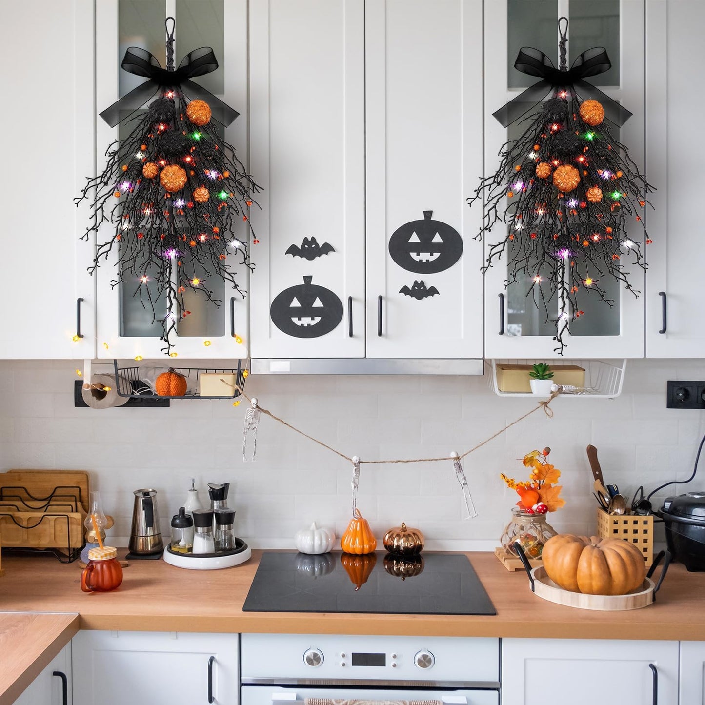 2 PCS Halloween Wreaths Halloween Floral Teardrop Swags Hanging Swag Plants Black Garland with Pumpkin Berries and 9.8ft Lights for Indoor Outdoor Party Wall Home Room Fireplace Porch Window Decor
