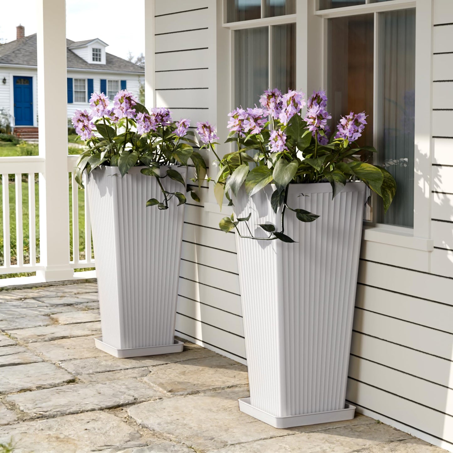 Trygoal White Square Tall Planters for Outdoor Plants Set of 2-23.6" Modern Tapered Indoor Flower Pots with Drainage Holes/Partition/Tray, Large Outdoor Planters for Porch Patio Garden Front Porch