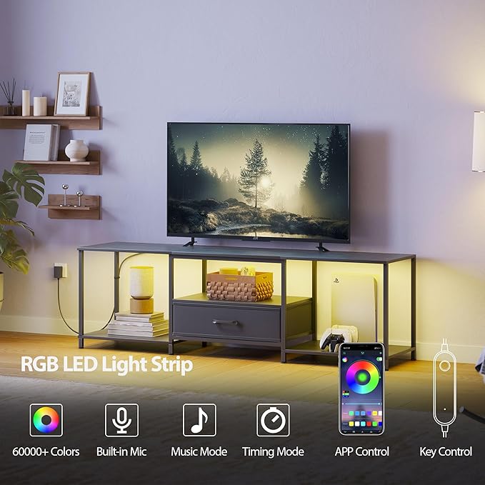JARHETUN TV Stand with LED Lights, Entertainment Center with Open Shelves and