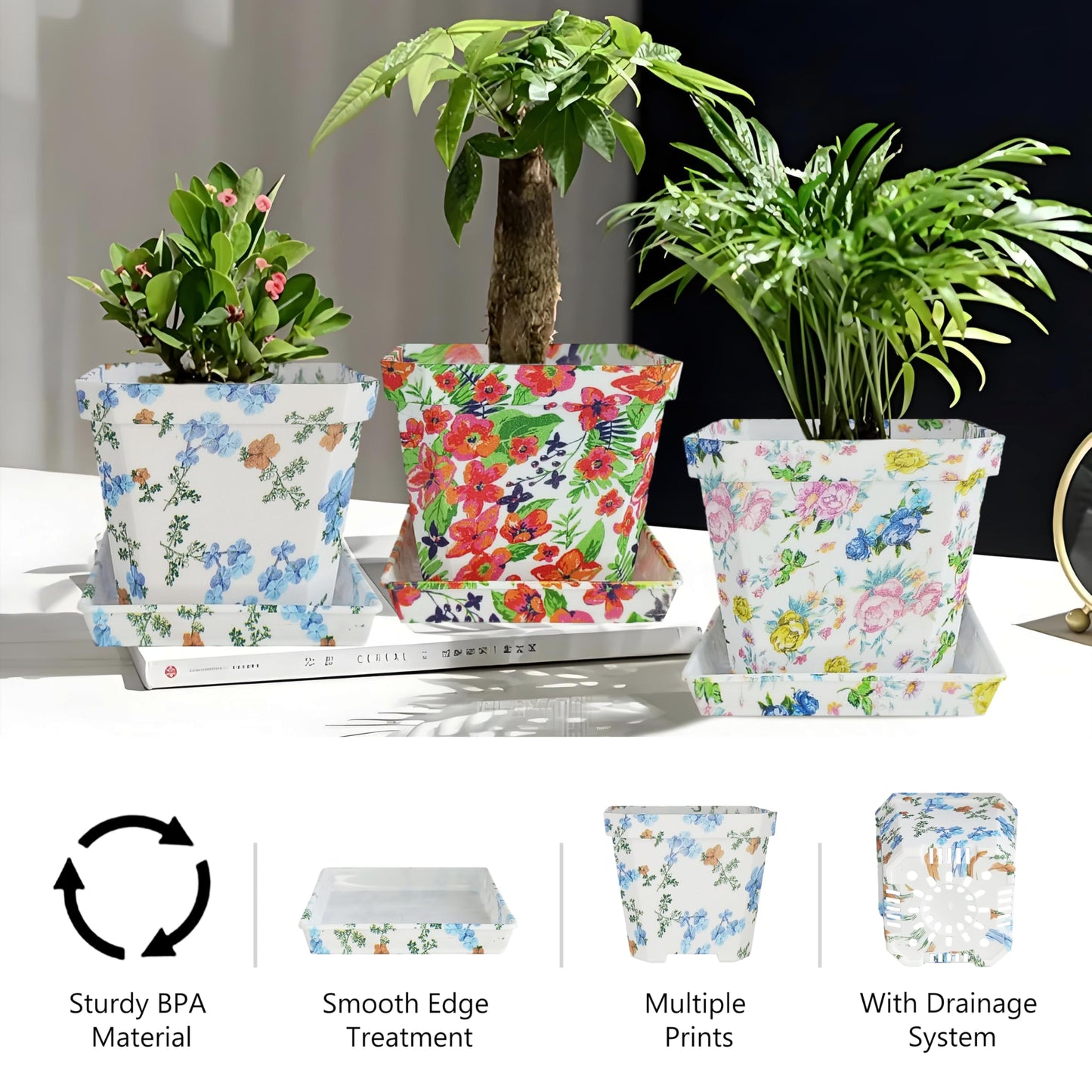 XINAOBAOLUO Plastic Plant Pots Printed Flower Pot with Pallet Container Indoor Outdoor of Your Room,Garden Office and Balcony Decor Modern Decorative Gardening Containers