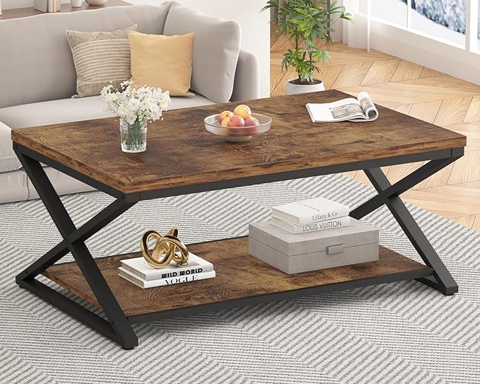 HSH Wood Coffee Table with Storage, Farmhouse Rustic Brown Coffee Table