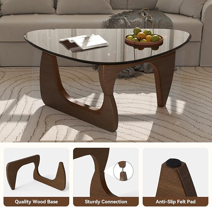 Modern Glass Coffee Table, Triangle Center Table with Tempered Glass Top& Unique Wooden Base, 31.5” Mid Century Tea Tables for Living Room, Apartment, Office,Walnut & Brown