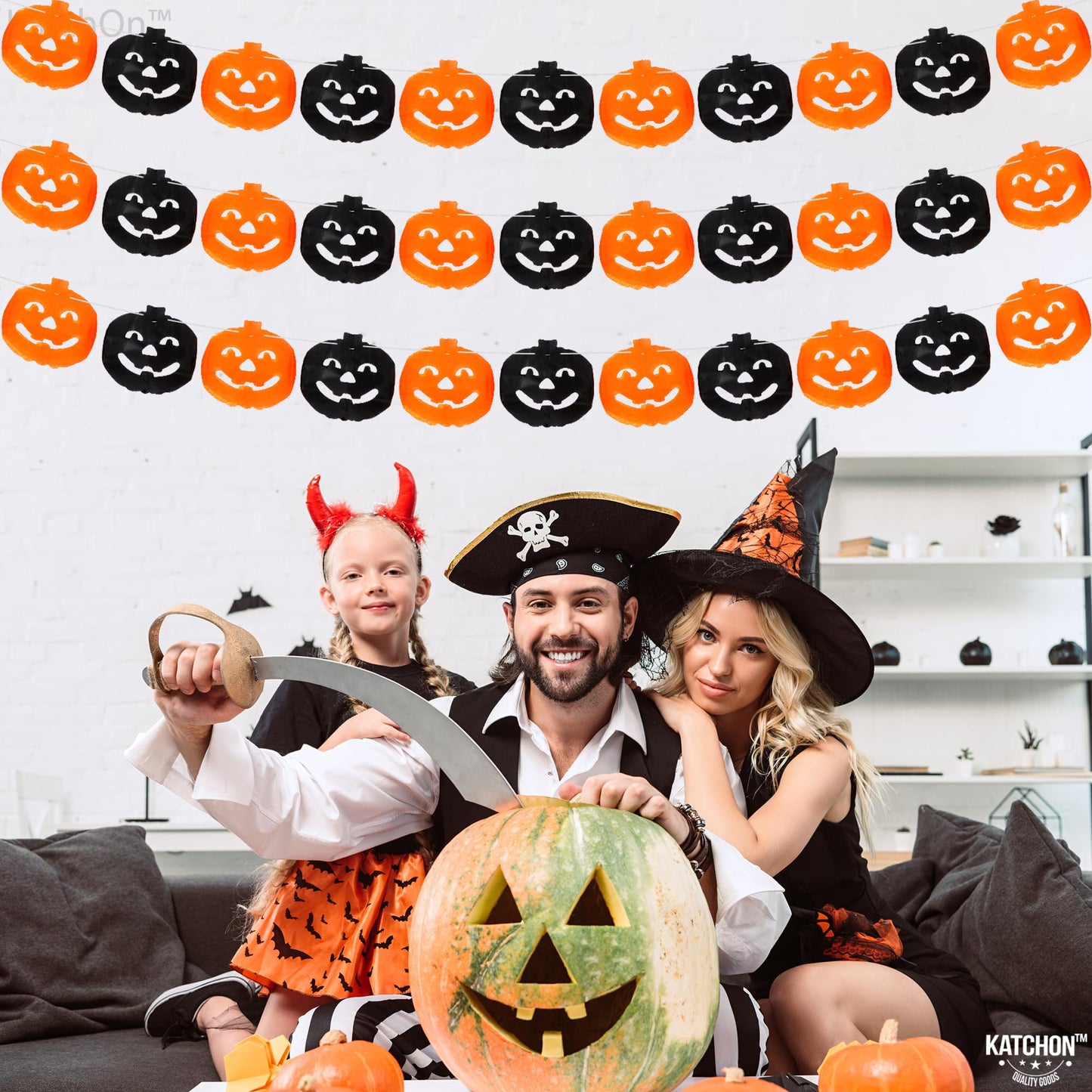 KatchOn, Long Pumpkin Halloween Garland - 10 Feet, 3 Strings, No DIY | Black and Orange Pumpkin Garland for Halloween Party Decorations