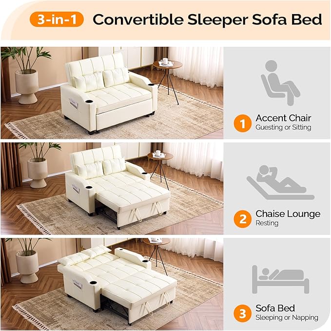 VINGLI Beige Futon Sofa Bed Convertible Loveseat Sleeper Couch, Faux Leather