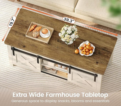 SEDETA Lift Top Coffee Table, Farmhouse Lift Tabletop Dining Table, Gas Spring, Hidden Compartment, Open Storage Shelf, for Living Room, White Brown
