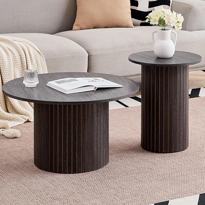 Round Nesting Coffee Table Set of 2 Mid Century Modern Wood Round Coffee Tables